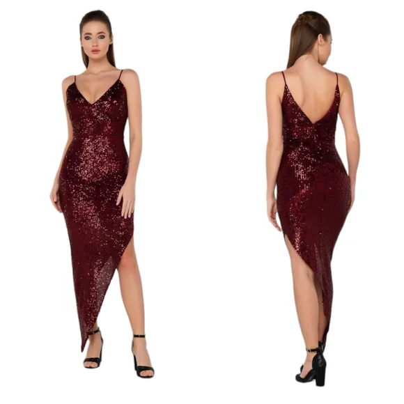 open lace back dress Kaylani Burgundy Mermaid V Neck Glitter Jersey Long Prom Dress with Slit